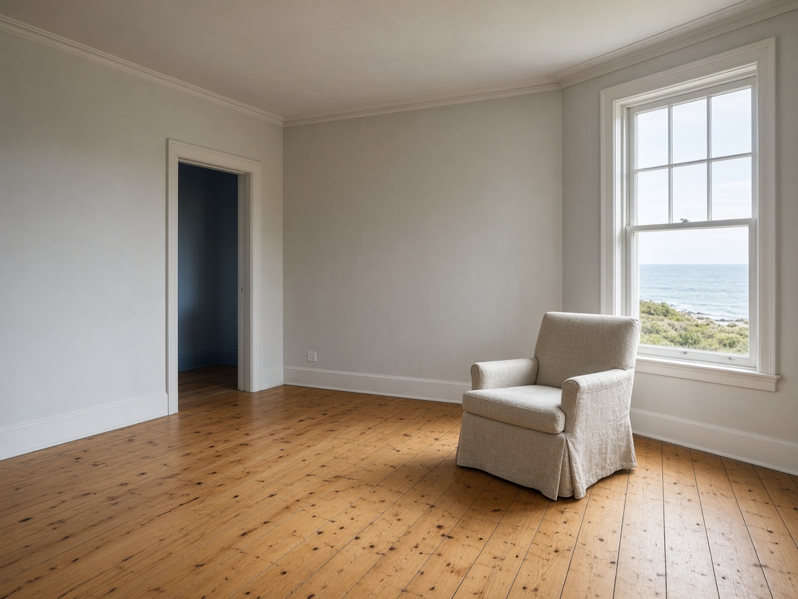 Empty room with a single chair and tall window